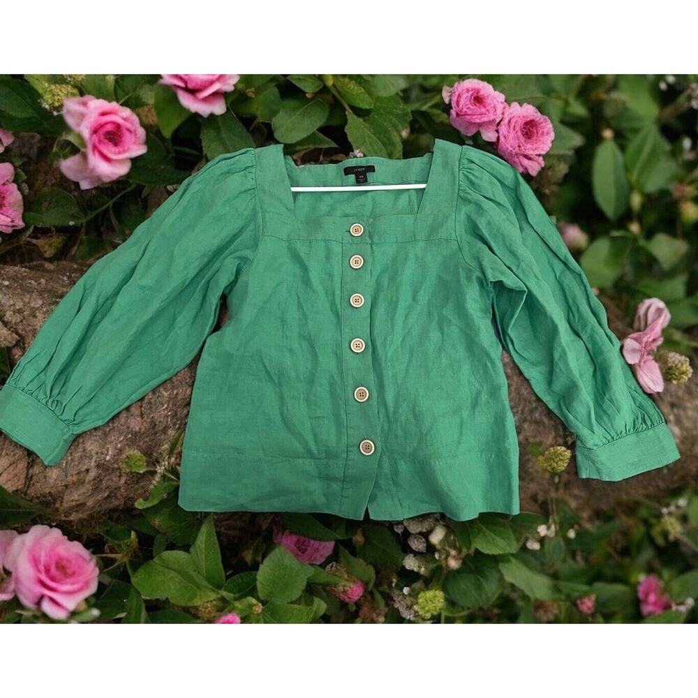 J Crew Women's Size XS Green Button Down‎ Shirt Top Peasant Blouse LSleeve Linen